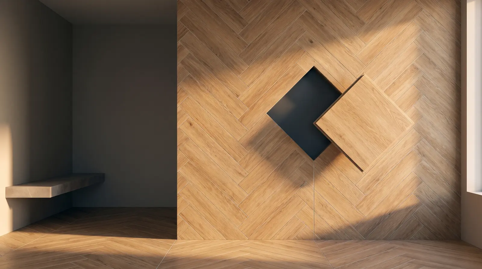 Warm wood-look porcelain in herringbone