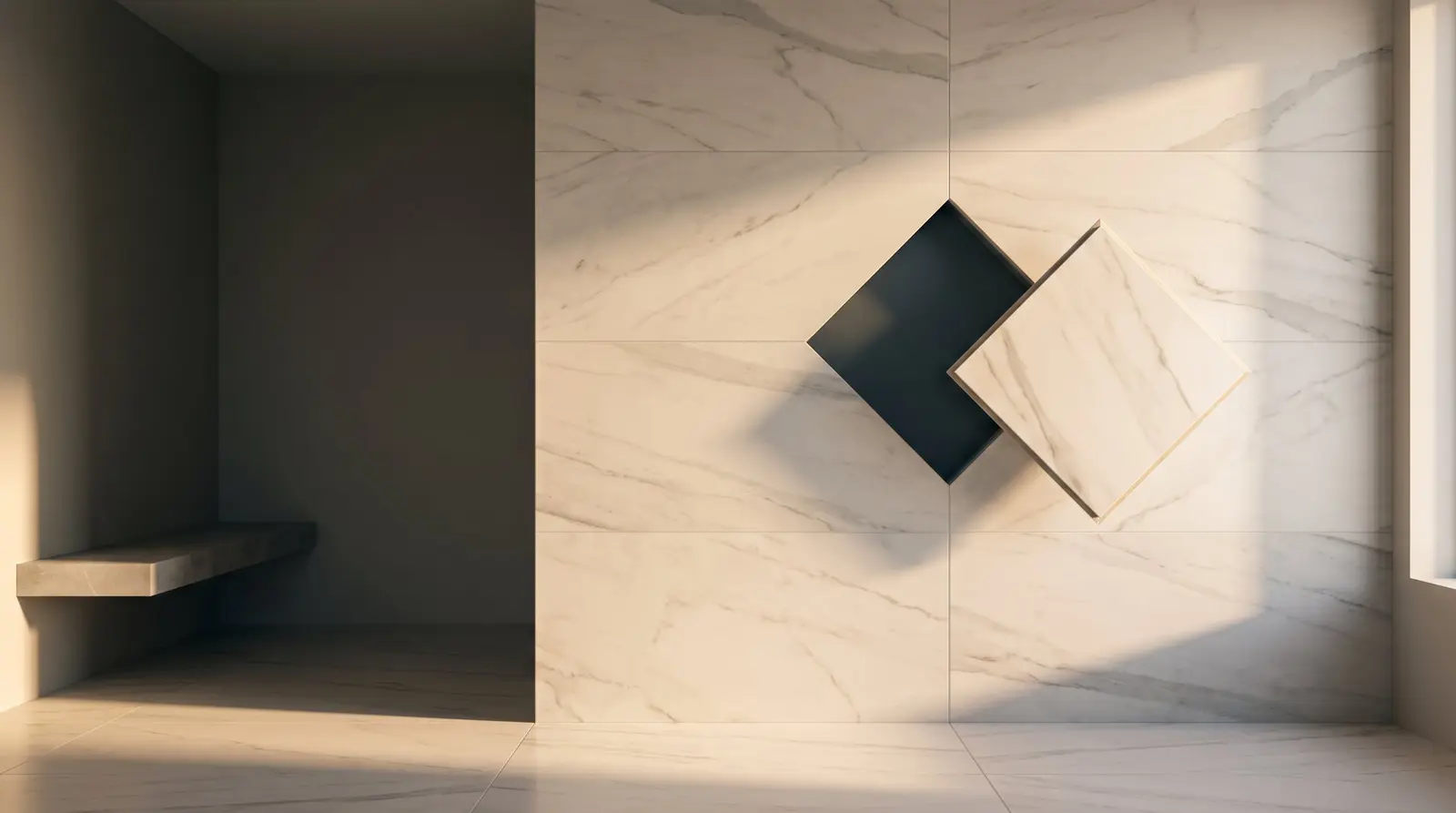 Marble-look porcelain wall with diamond niche