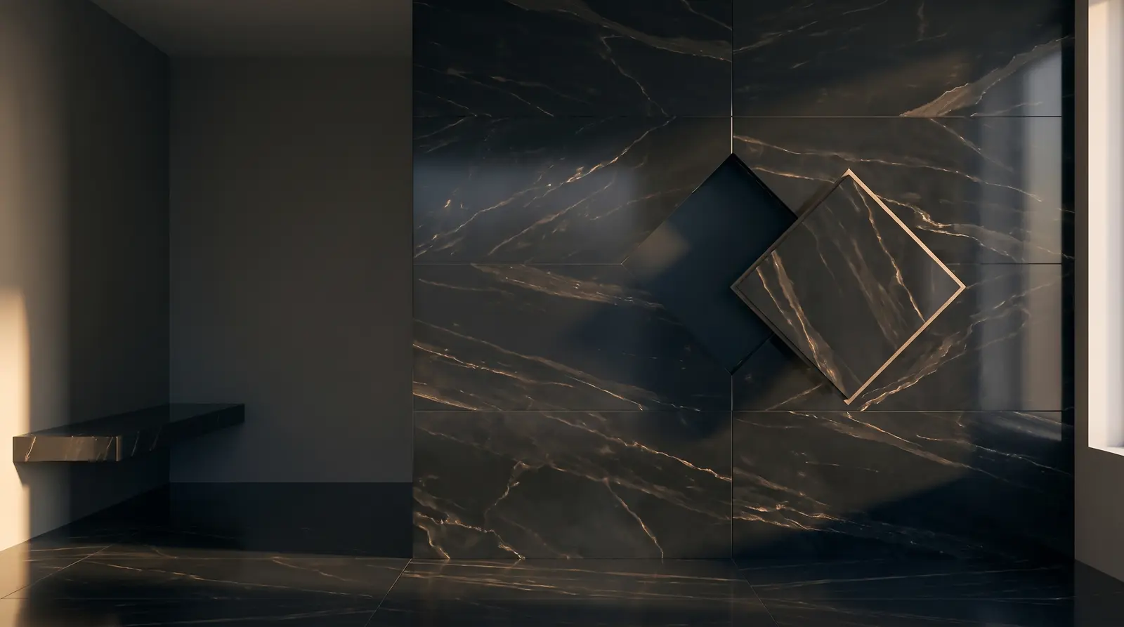 Black onyx porcelain wall with gold veining