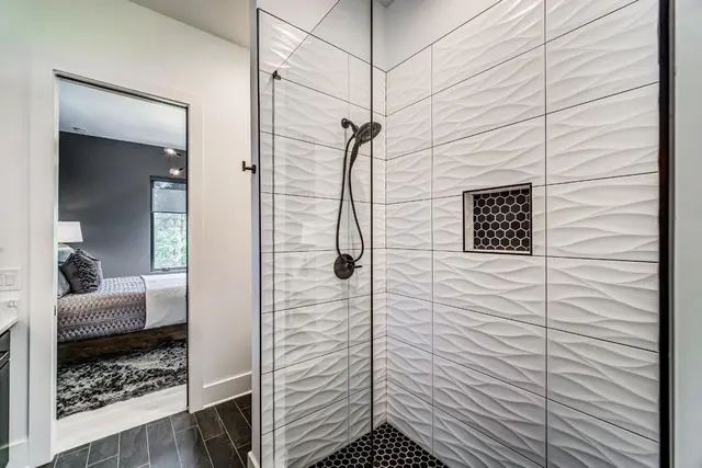 3D wave-textured shower wall with hex niche, Atlanta GA