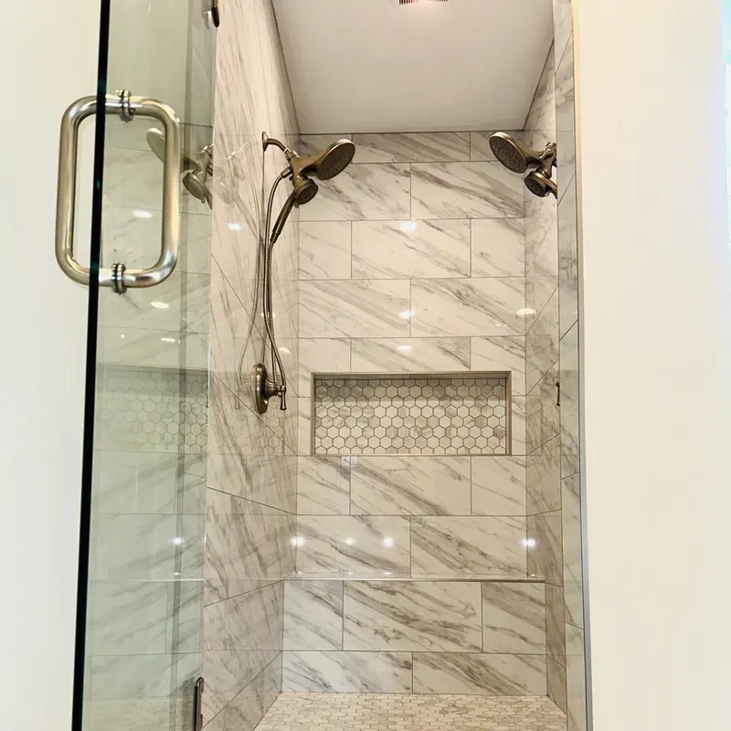 Glass shower with marble hex niche, Atlanta GA