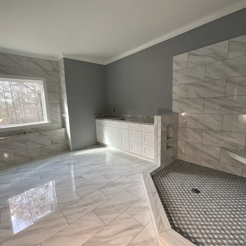 Walk-in shower with mosaic pan and marble floor, Atlanta GA