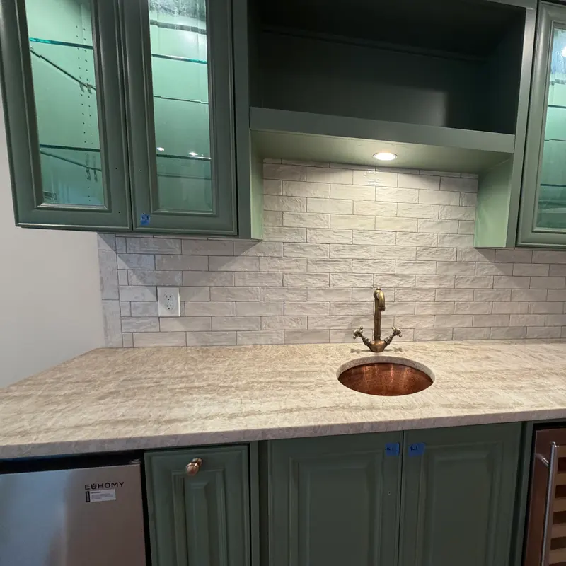Marble subway bar backsplash with copper sink, Atlanta GA
