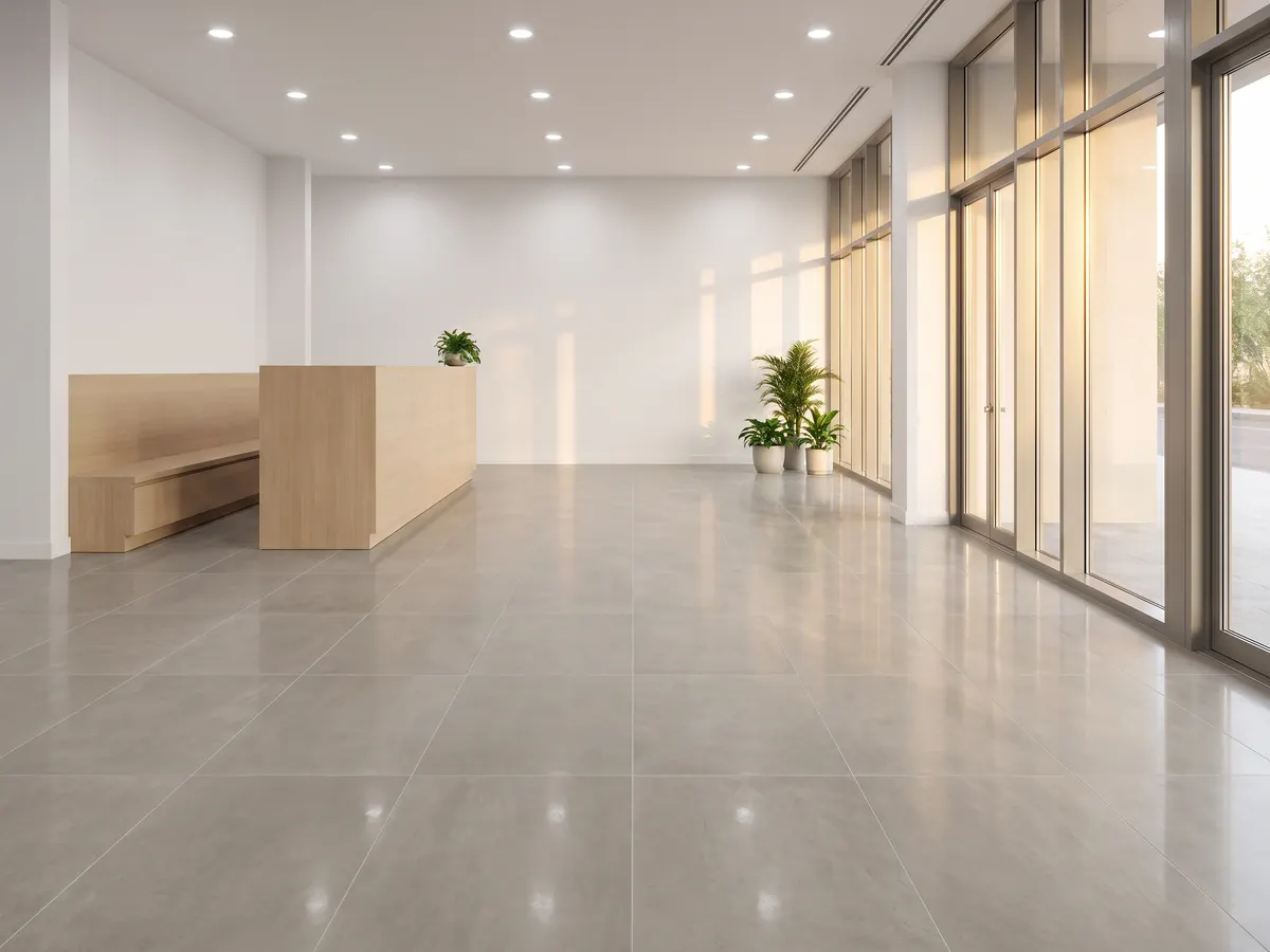 Greige porcelain floor with visible joint grid in a retail lobby