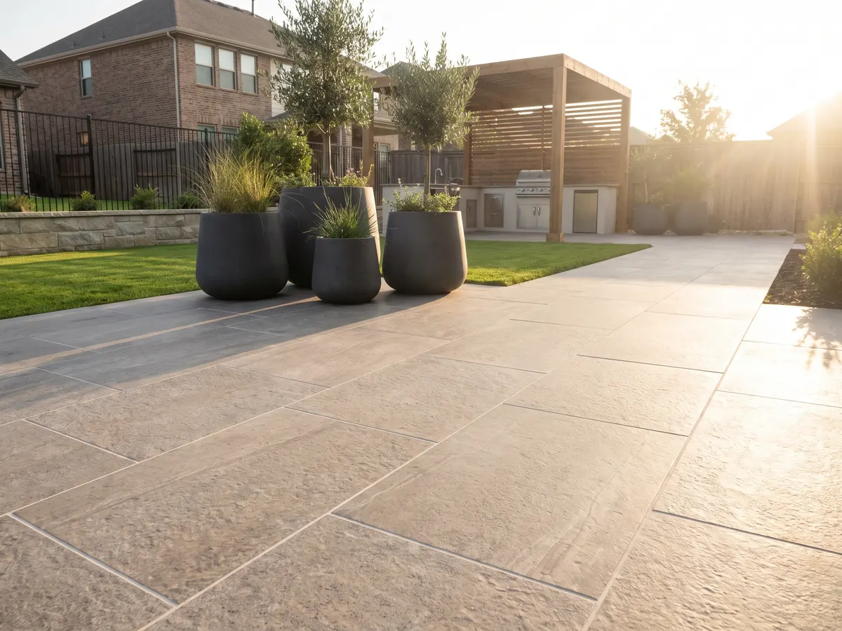 Large-format porcelain patio tile on a covered outdoor kitchen